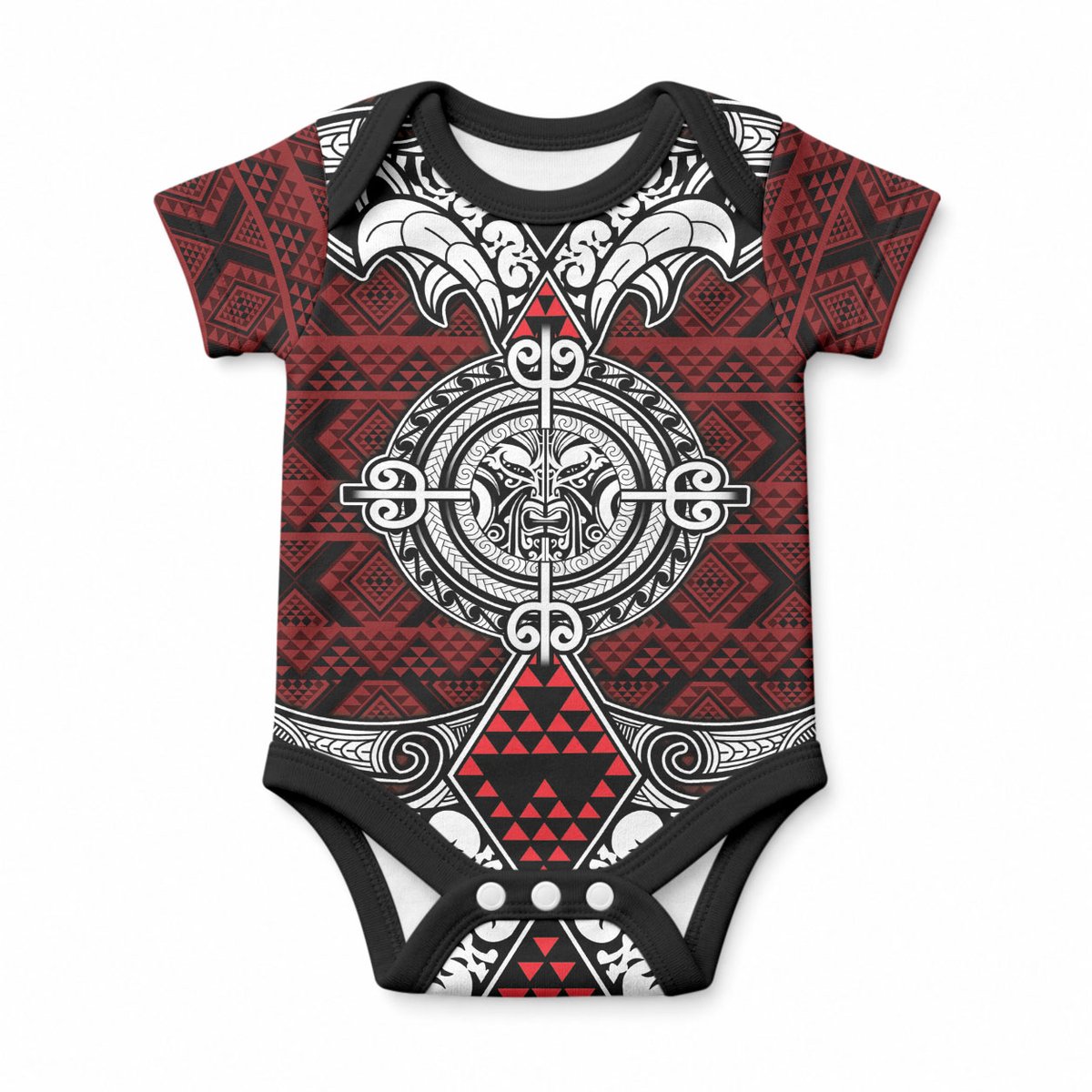 Red Aotearoa Taniko Motif Baby Onesie Vintage Maori New Zealand Tribal Art Pattern