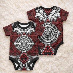 Red Aotearoa Taniko Motif Baby Onesie Vintage Maori New Zealand Tribal Art Pattern