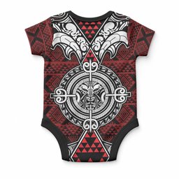 Red Aotearoa Taniko Motif Baby Onesie Vintage Maori New Zealand Tribal Art Pattern