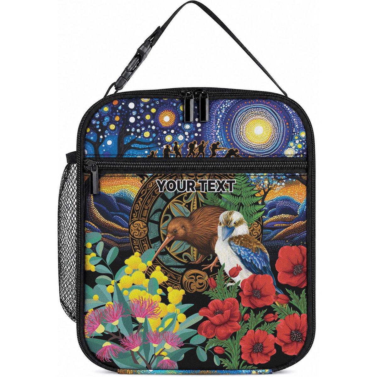 Kiwi-Kookaburra Bird ANZAC Personalised Lunch Bag Aussie Golden Wattle Poppy Flowers