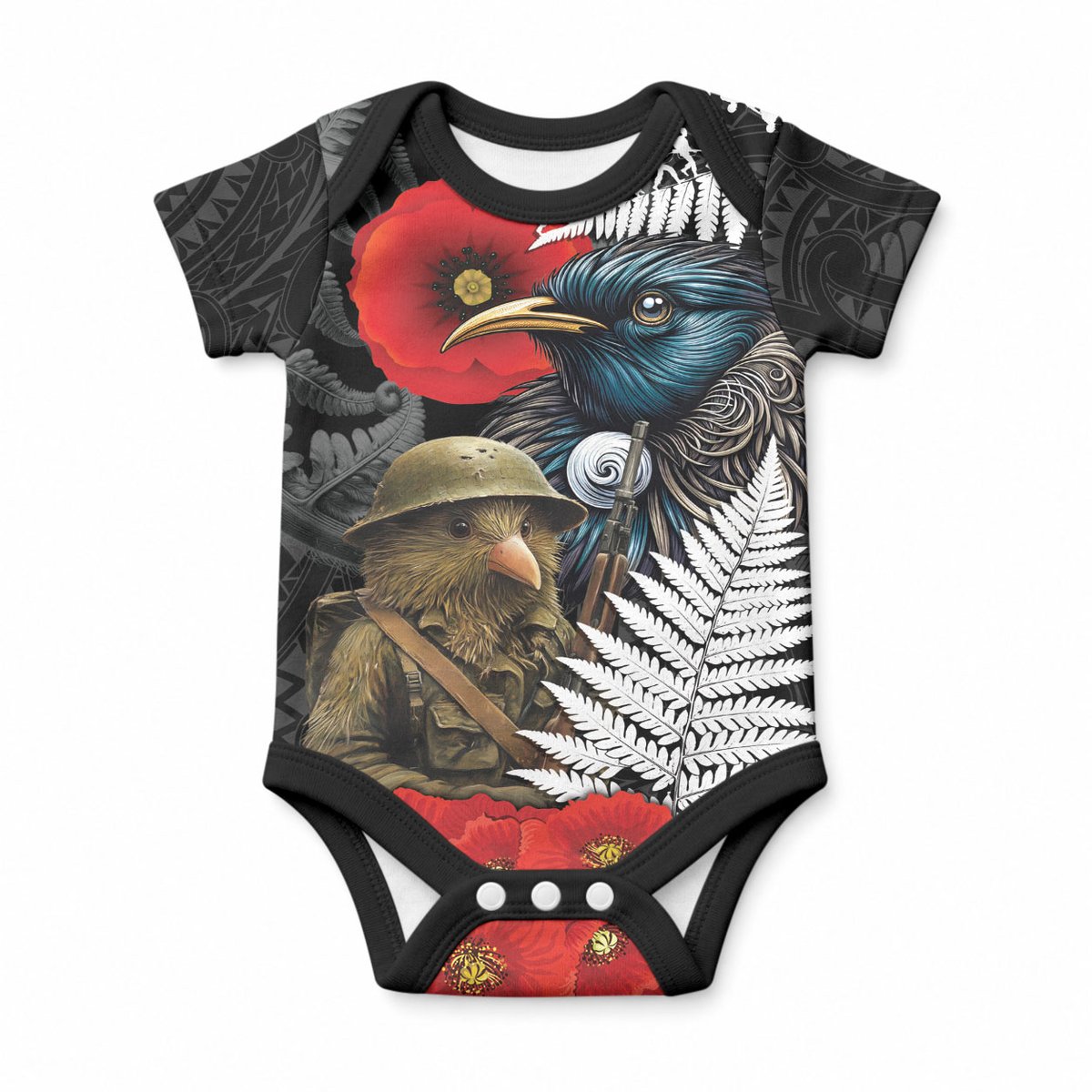 Kiwi-Tui Bird Soldier ANZAC Day Personalised Baby Onesie Maori Silver Fern Motif