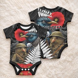 Kiwi-Tui Bird Soldier ANZAC Day Personalised Baby Onesie Maori Silver Fern Motif