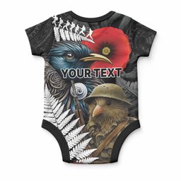 Kiwi-Tui Bird Soldier ANZAC Day Personalised Baby Onesie Maori Silver Fern Motif