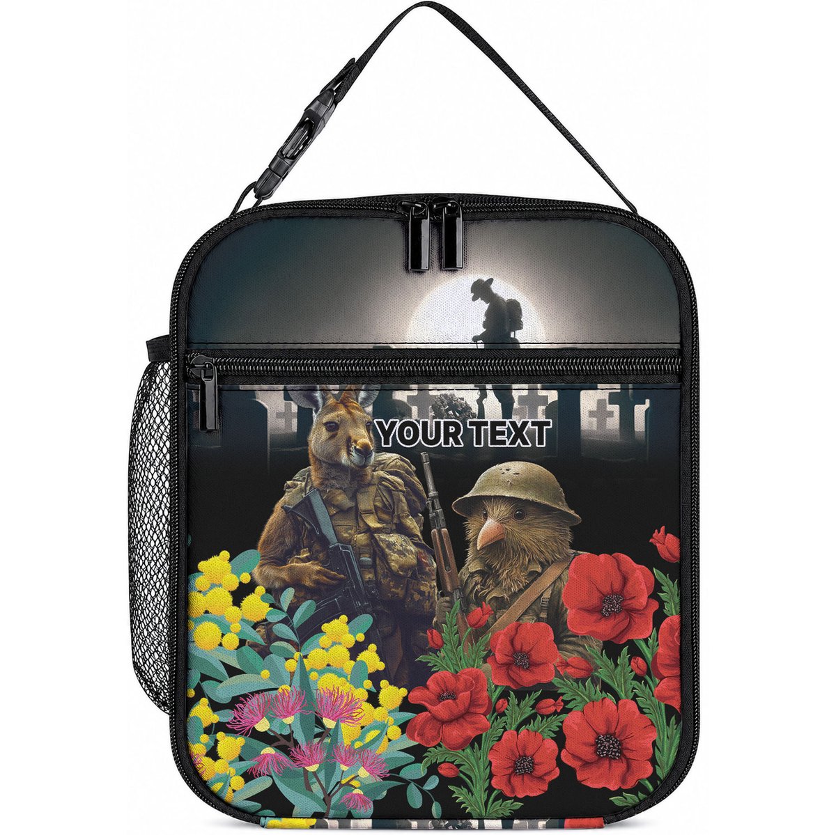 Kangaroo-Kiwi Soldier ANZAC Personalised Lunch Bag Golden Wattle Poppy Flowers