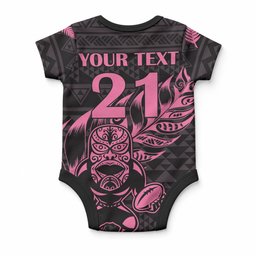 New Zealand Maori Rugby Warrior Custom Baby Onesie Pink Fern Taniko Motif