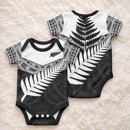 New Zealand Silver Fern Baby Onesie Maori Koru Mixed Taniko Pattern