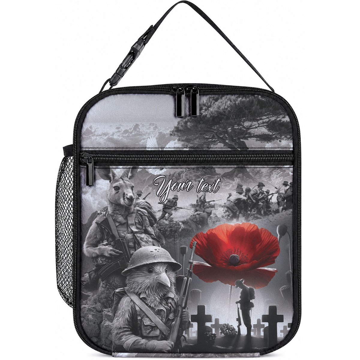 Black ANZAC Personalised The Battle of Lone Pine Lunch Bag Kiwi-Kangaroo Soldier Lest We Forget