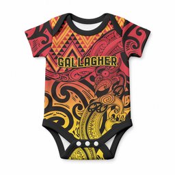 New Zealand Rangatira Custom Baby Onesie Red and Gold Niho Taniwha Maori Tribal