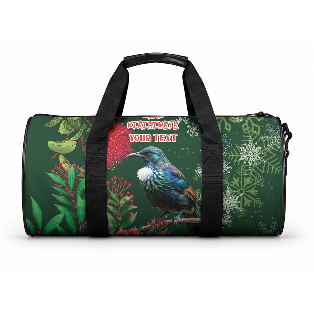 Tui Meri Kirihimete Personalised Duffle Bag Pohutukawa Flowers Green Motif