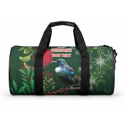 Tui Meri Kirihimete Personalised Duffle Bag Pohutukawa Flowers Green Motif