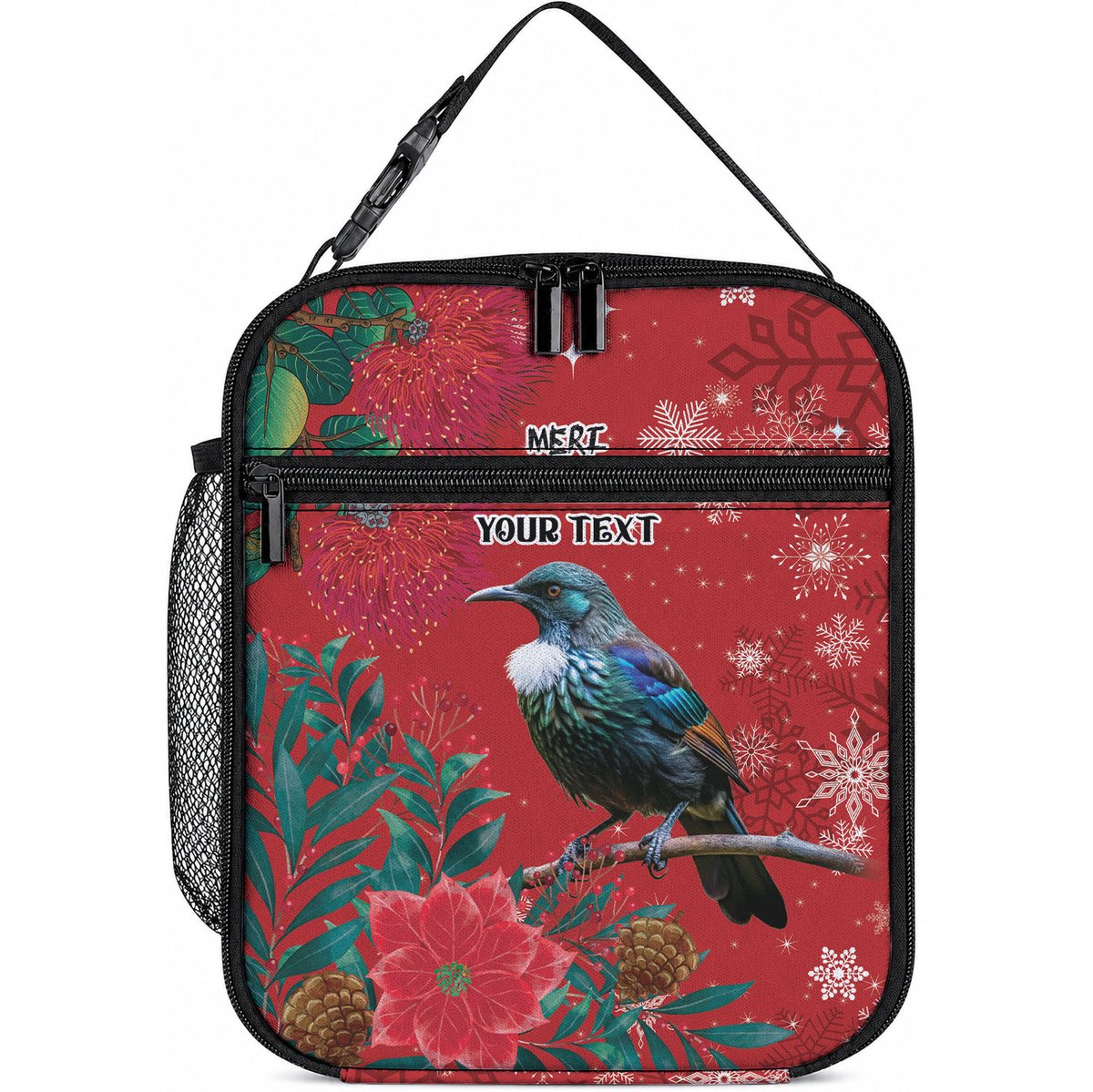Tui Meri Kirihimete Personalised Lunch Bag Pohutukawa Flowers Red Motif