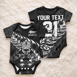 New Zealand Lawn Bowls Custom Baby Onesie Black Maori Warrior Tribal Silver Fern