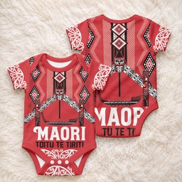 Toitu Te Tiriti Waitangi Baby Onesie Red Wharenui House