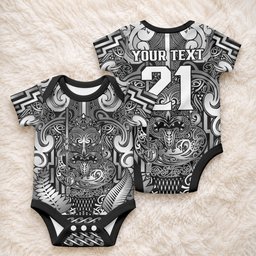 Custom New Zealand Taiaha Maori Baby Onesie Kiwikiwi Minimalist Silver Fern Tukutuku Motif