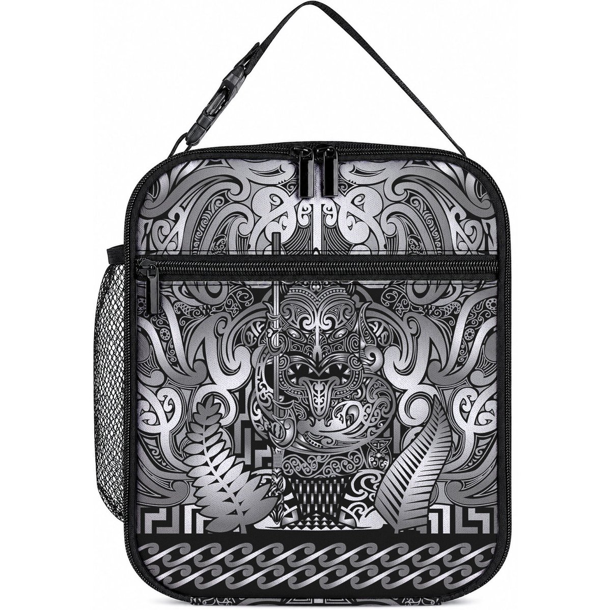 New Zealand Taiaha Maori Lunch Bag Kiwikiwi Minimalist Silver Fern Tukutuku Motif