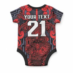 Custom New Zealand Taiaha Maori Baby Onesie Whero Minimalist Silver Fern Tukutuku Motif