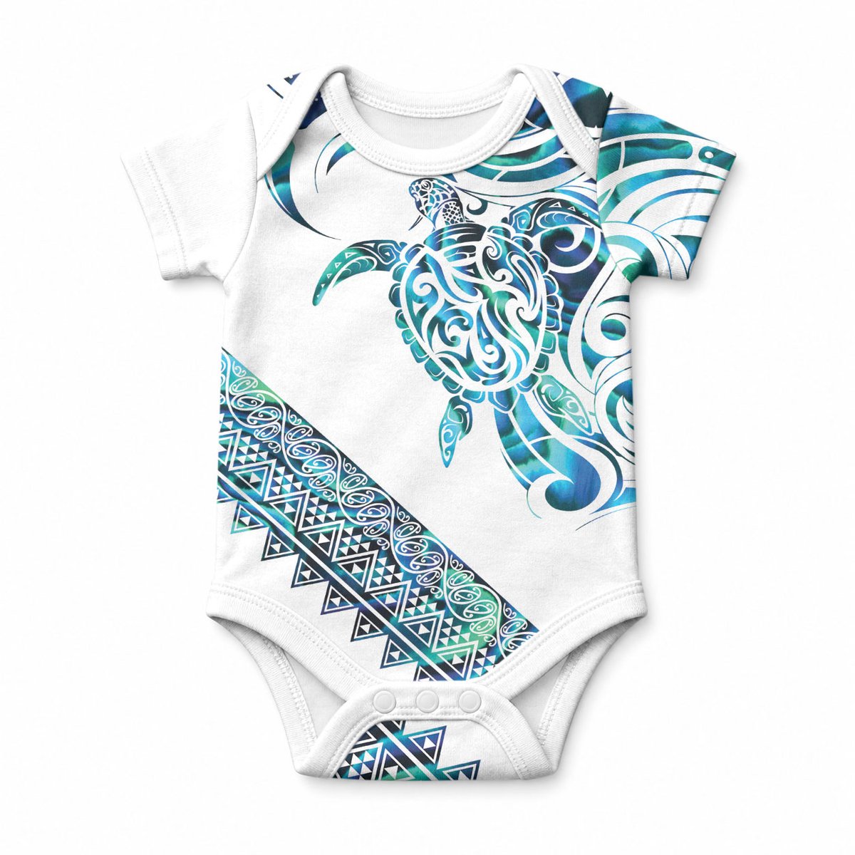 Kahui Whetu Paua shell Kowhaiwhai Taniko Personalised Baby Onesie Turtle Tattoo Maori Tribal Style