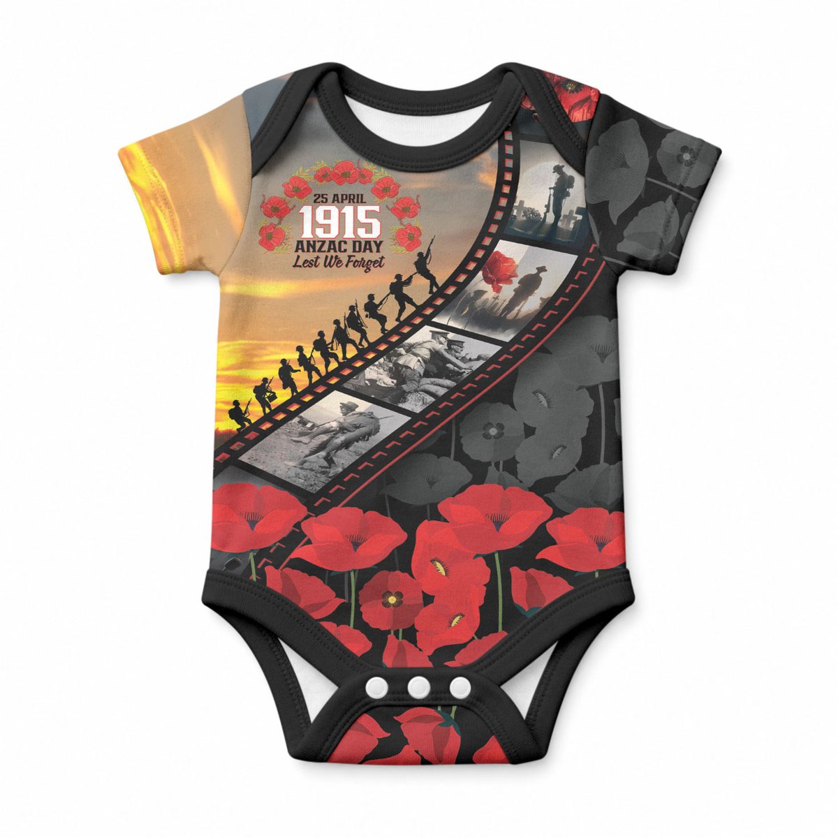 Personalised Remembering ANZAC Lest We Forget Baby Onesie Vintage Film Frame Memorial Red Poppy