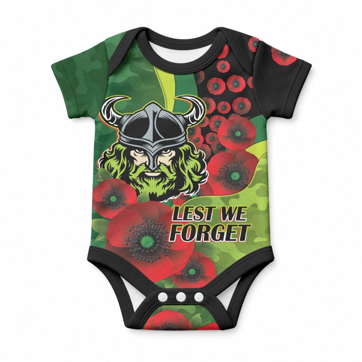 Canberra Raiders ANZAC Personalised Baby Onesie Lest We Forget Poppy Camo
