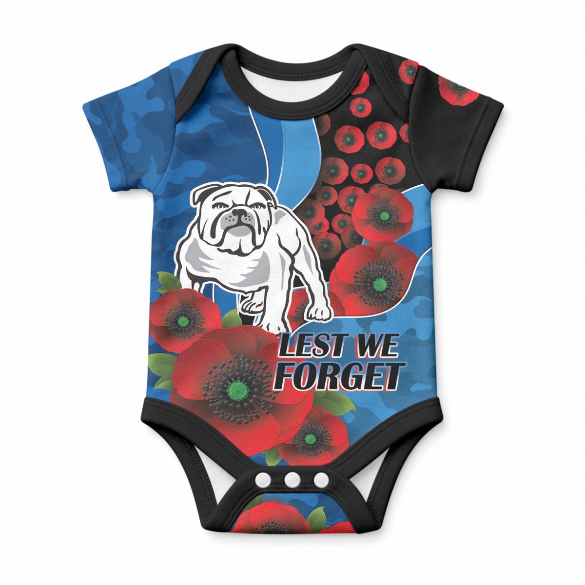 Canterbury-Bankstown Bulldogs ANZAC Personalised Baby Onesie Lest We Forget Poppy Camo