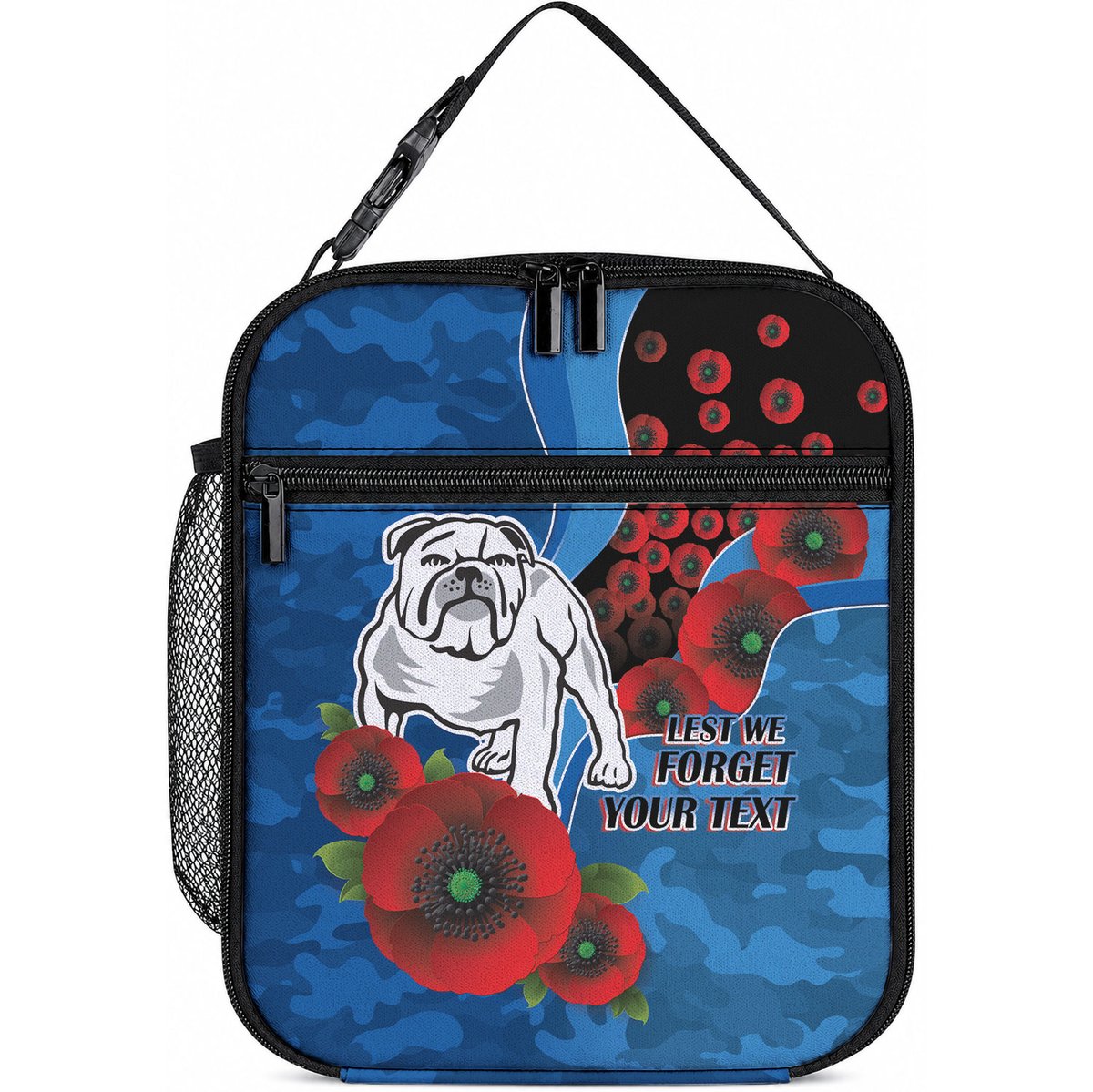 Canterbury-Bankstown Bulldogs ANZAC Personalised Lunch Bag Lest We Forget Poppy Camo