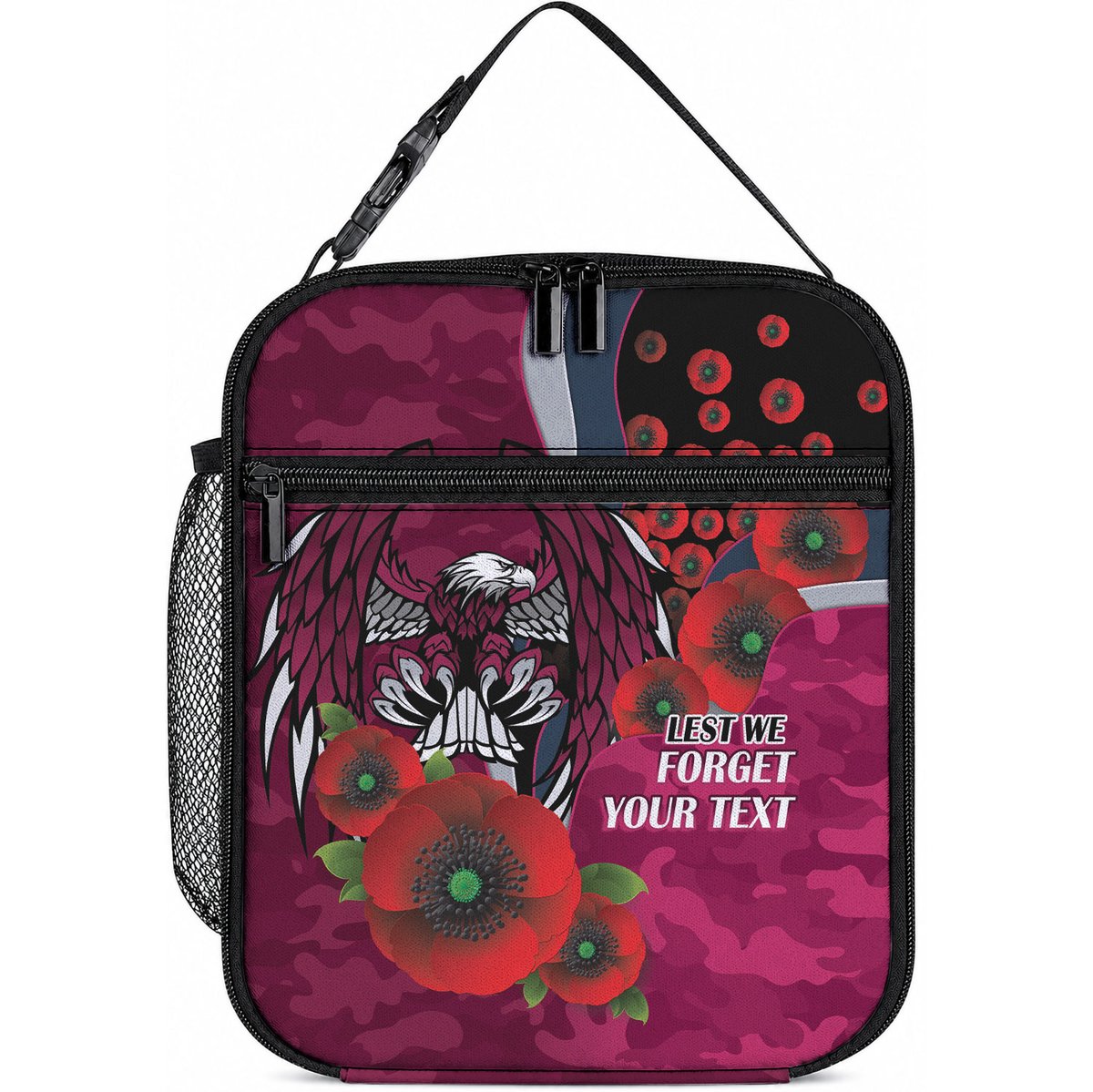 Manly Warringah Sea Eagles ANZAC Personalised Lunch Bag Lest We Forget Poppy Camo