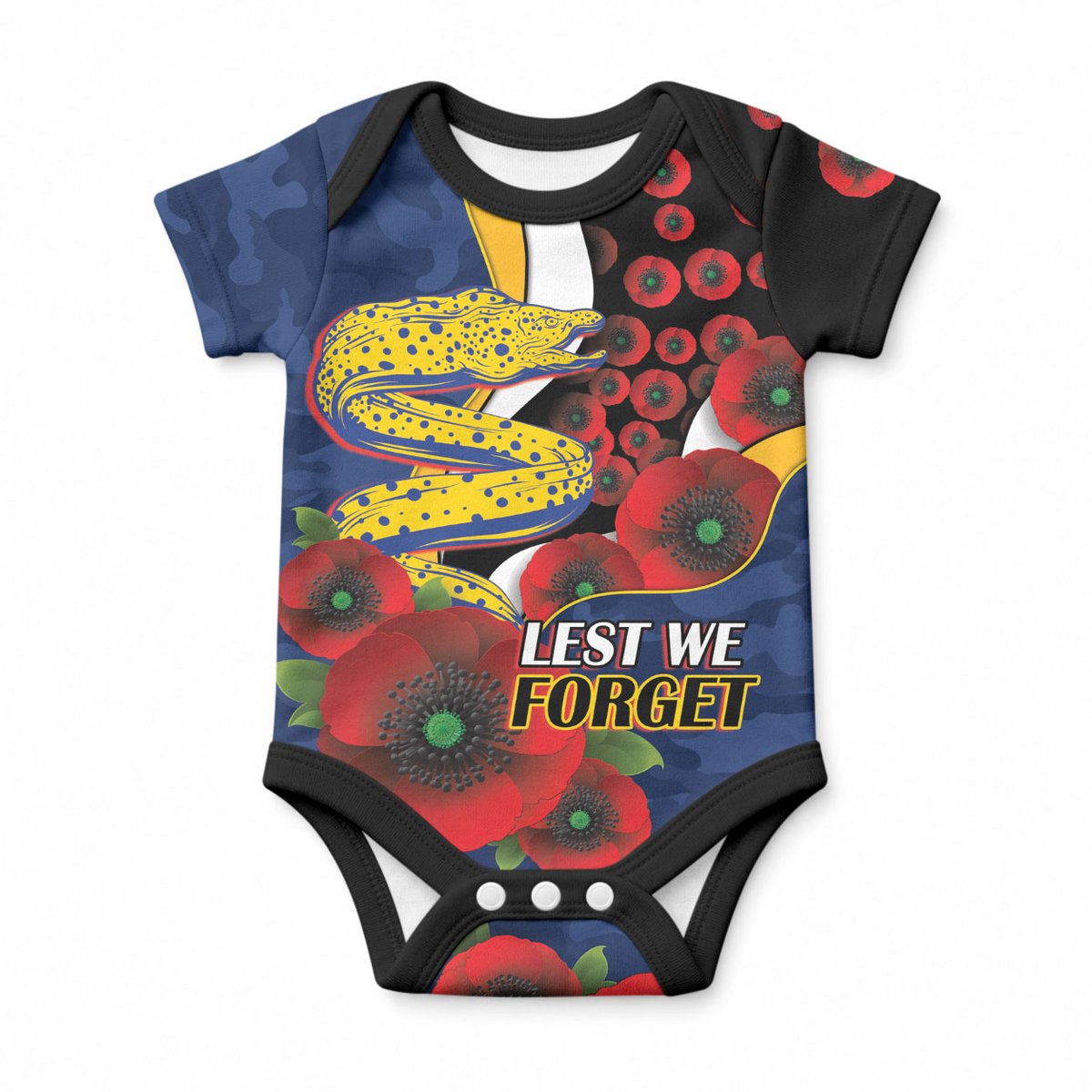 Parramatta Eels ANZAC Personalised Baby Onesie Lest We Forget Poppy Camo