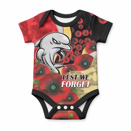 Redcliffe Dolphins ANZAC Personalised Baby Onesie Lest We Forget Poppy Camo