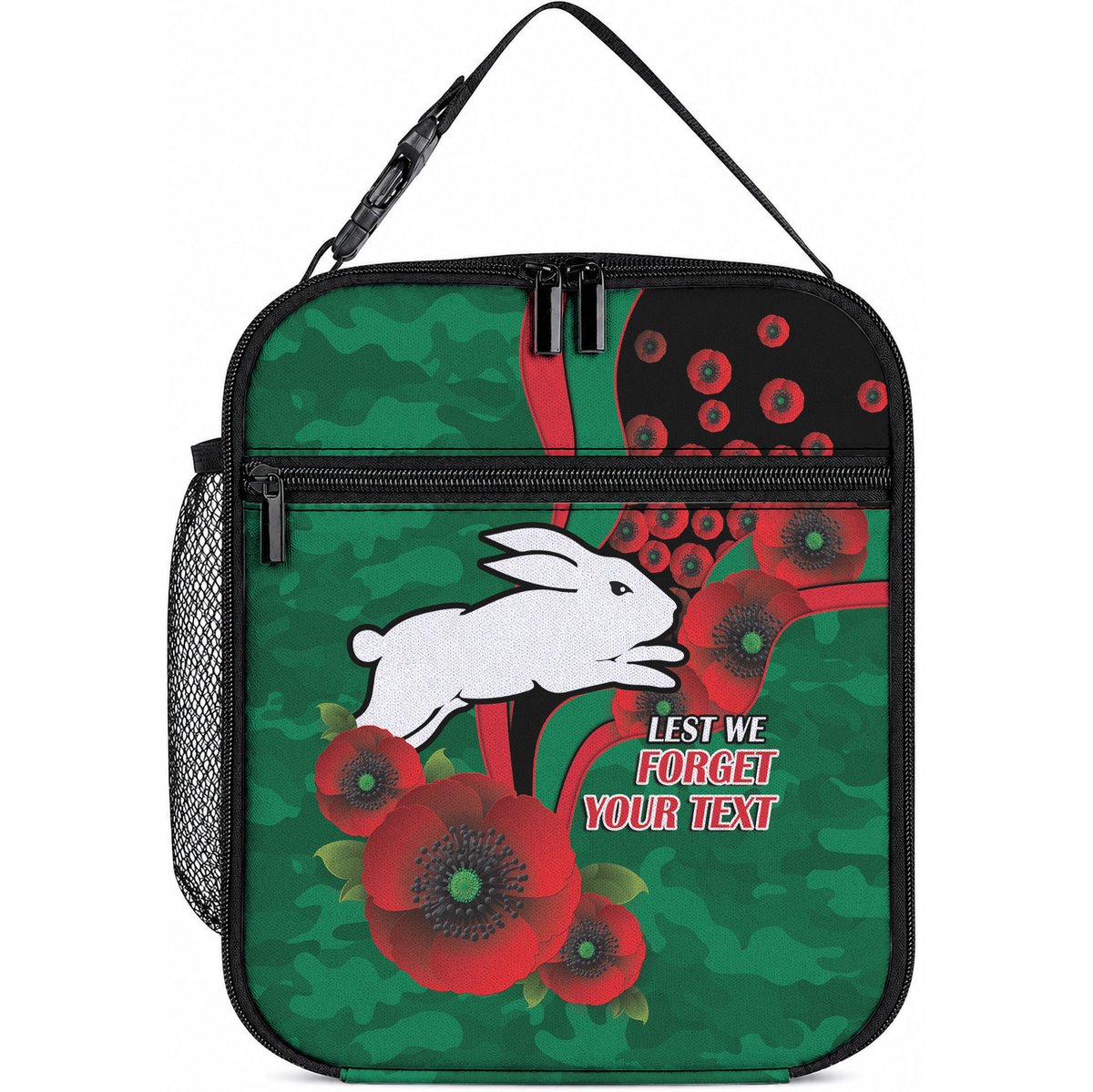 South Sydney Rabbitohs ANZAC Personalised Lunch Bag Lest We Forget Poppy Camo