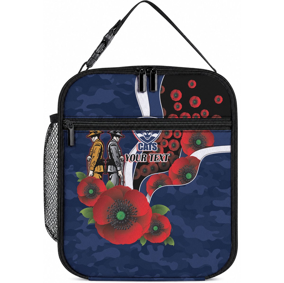 Geelong Cats ANZAC Personalised Lunch Bag Lest We Forget Poppy Camo