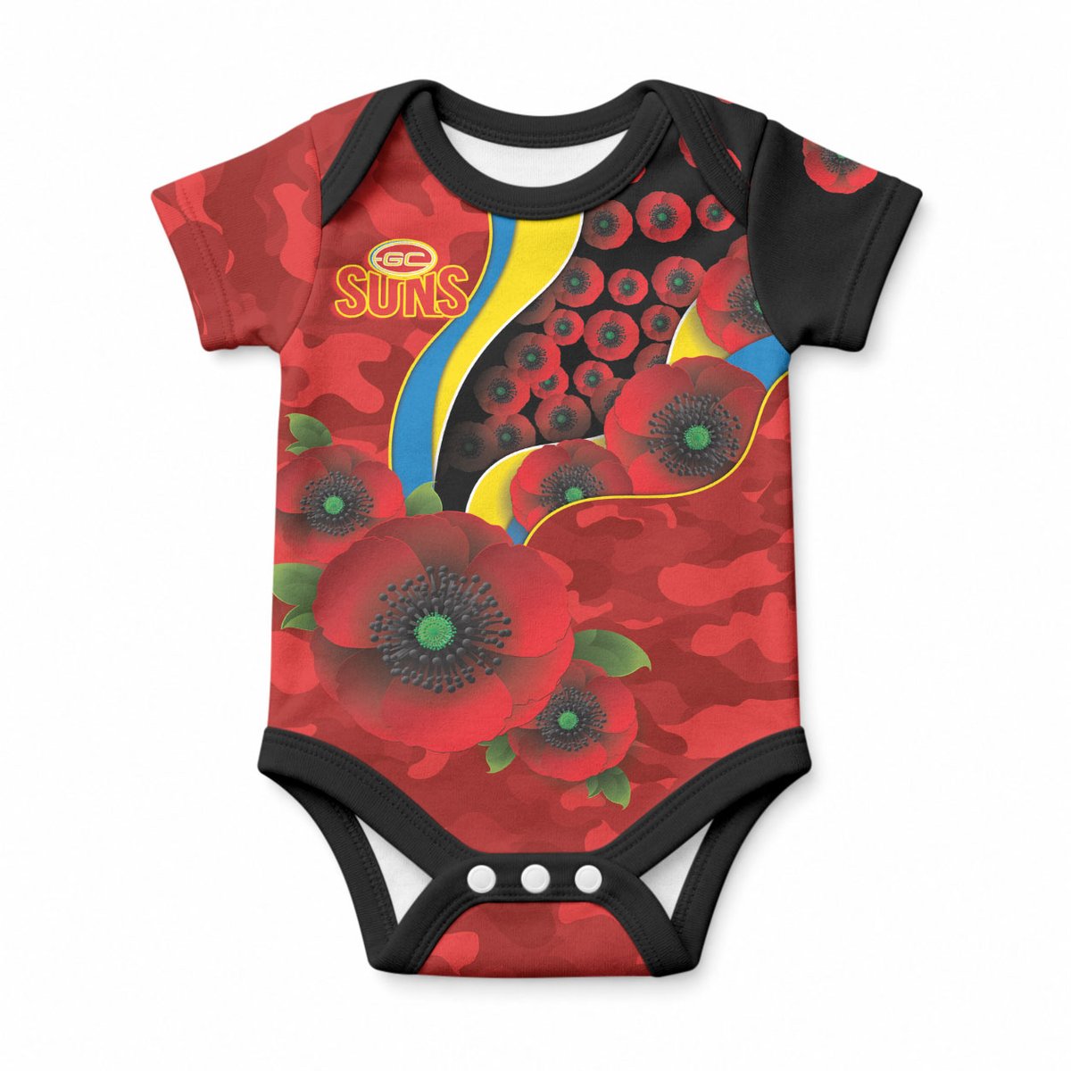 Gold Suns ANZAC Personalised Baby Onesie Lest We Forget Poppy Camo