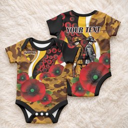 Hawthorn Hawks ANZAC Personalised Baby Onesie Lest We Forget Poppy Camo