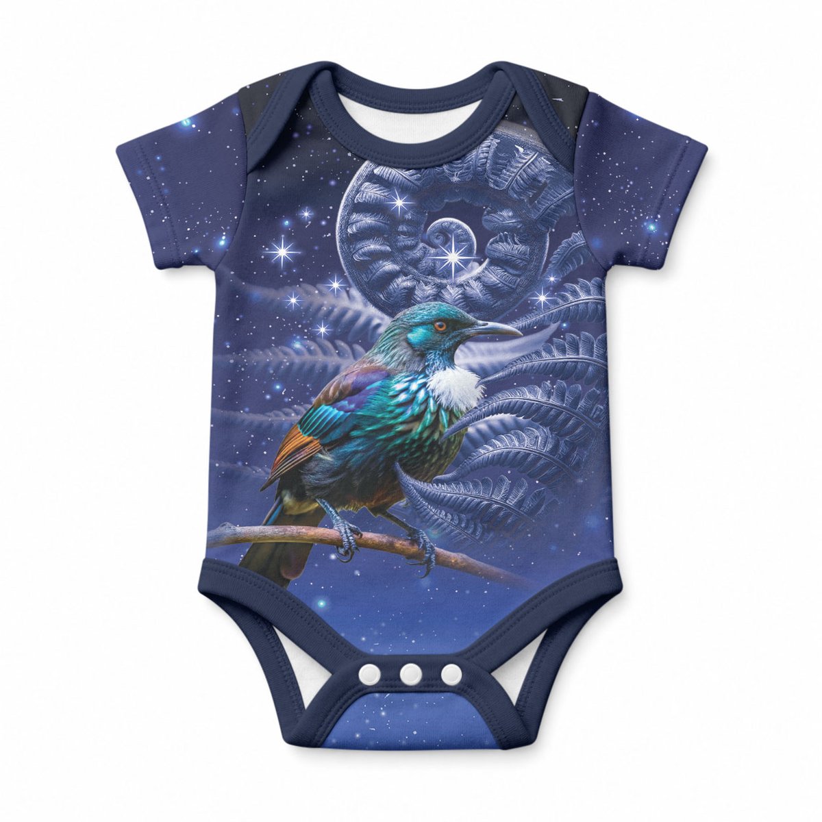 Tui Bird Matariki Galaxy Baby Onesie Koru Silver Fern Aotearoa