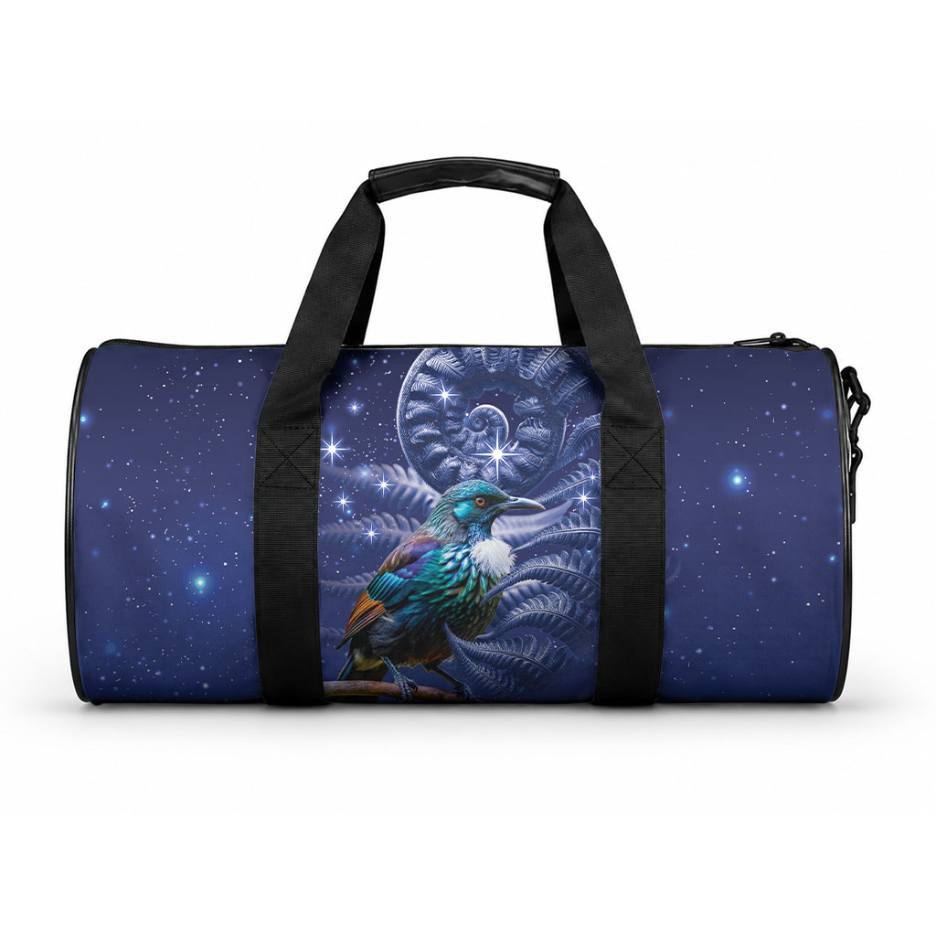 Tui Bird Matariki Galaxy Duffle Bag Koru Silver Fern Aotearoa