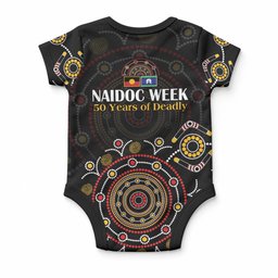 NAIDOC Deadly 50 Years Baby Onesie Aboriginal Black Gold Boomerang Art