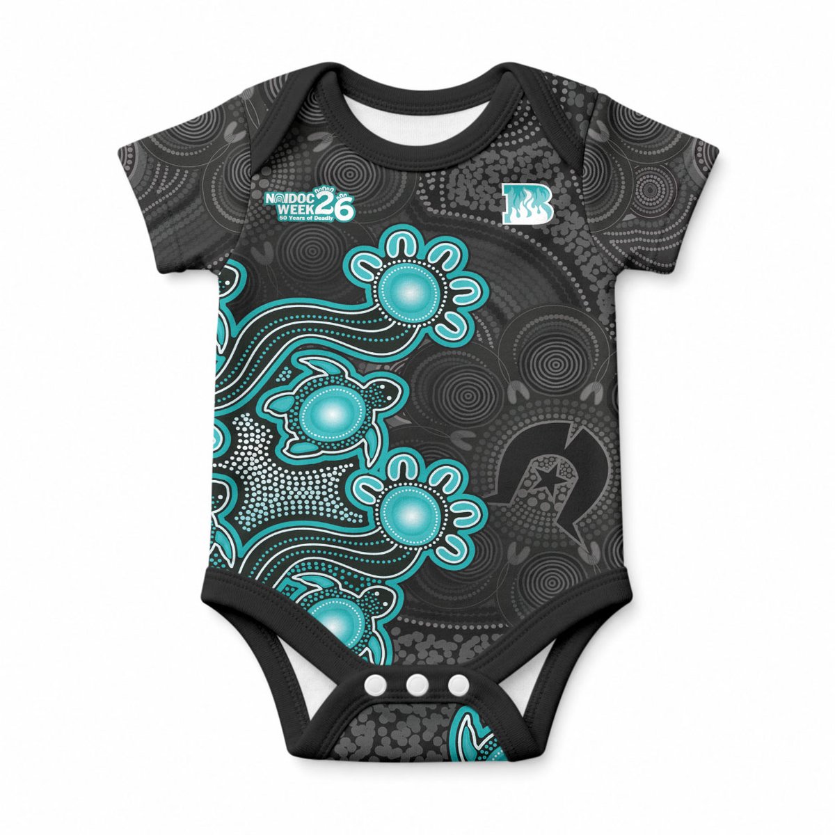 Personalised Brisbane Heat NAIDOC Week 2026 Baby Onesie Sea Turtles Aboriginal Art