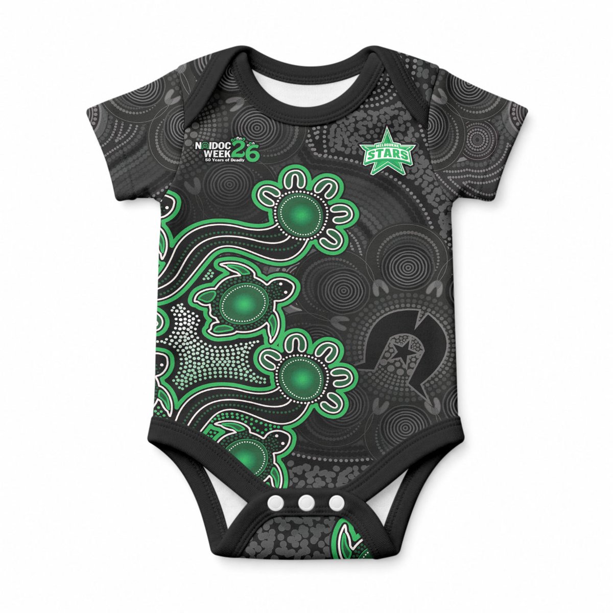 Personalised Melbourne Stars NAIDOC Week 2026 Baby Onesie Sea Turtles Aboriginal Art