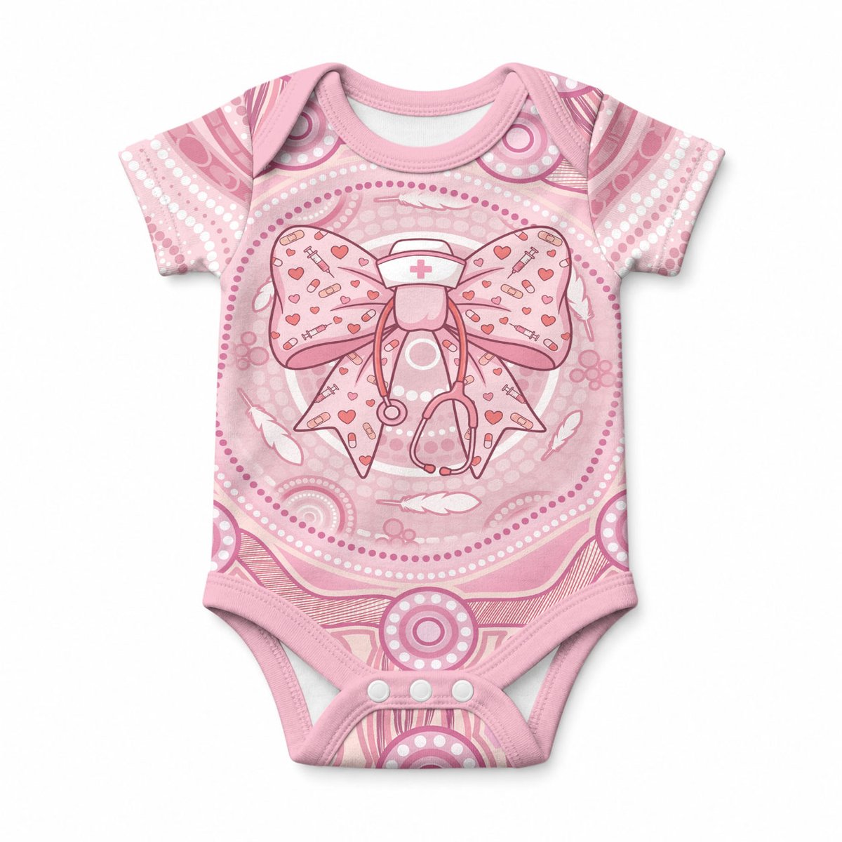 Aussie Nurse Personalised Baby Onesie Pink Stethoscope Coquette Bow Aboriginal Dot Art