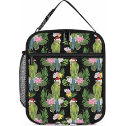 Aussie Santa Budgie Christmas Lunch Bag Black Parakeet Tropical Floral