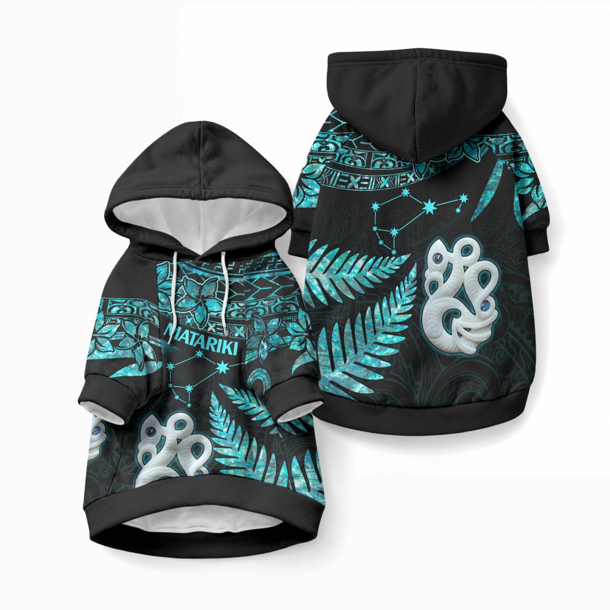 Matariki New Zealand Pet Hoodie Maori Manaia with Paua Shell - Aqua