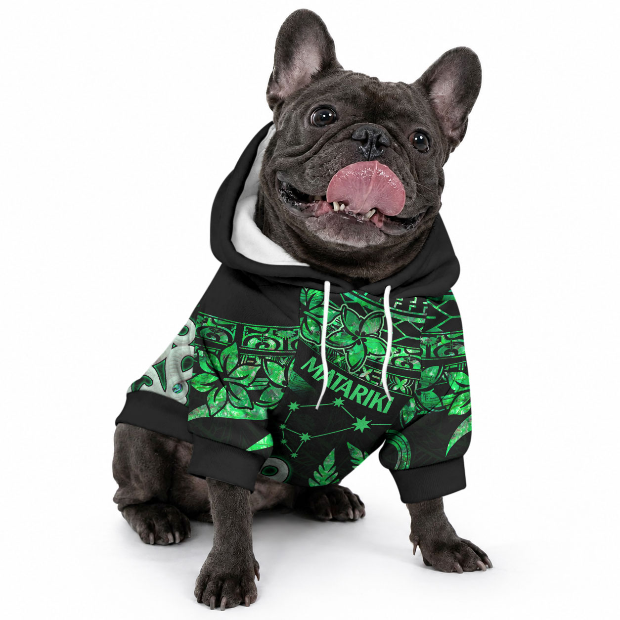 Matariki Stars Manaia with Paua Shell - Green Pet Hoodie