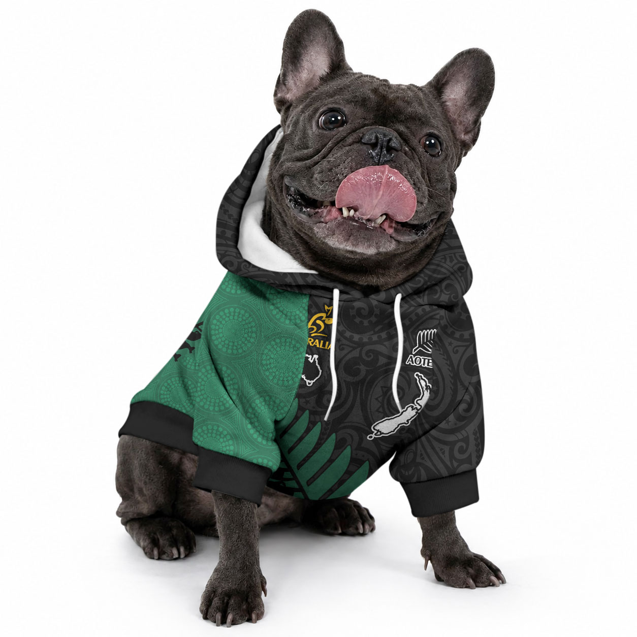 Australia Wallabies and Aotearoa Rugby Pet Hoodie Kangaroo Black Fern Maori Green Vibe