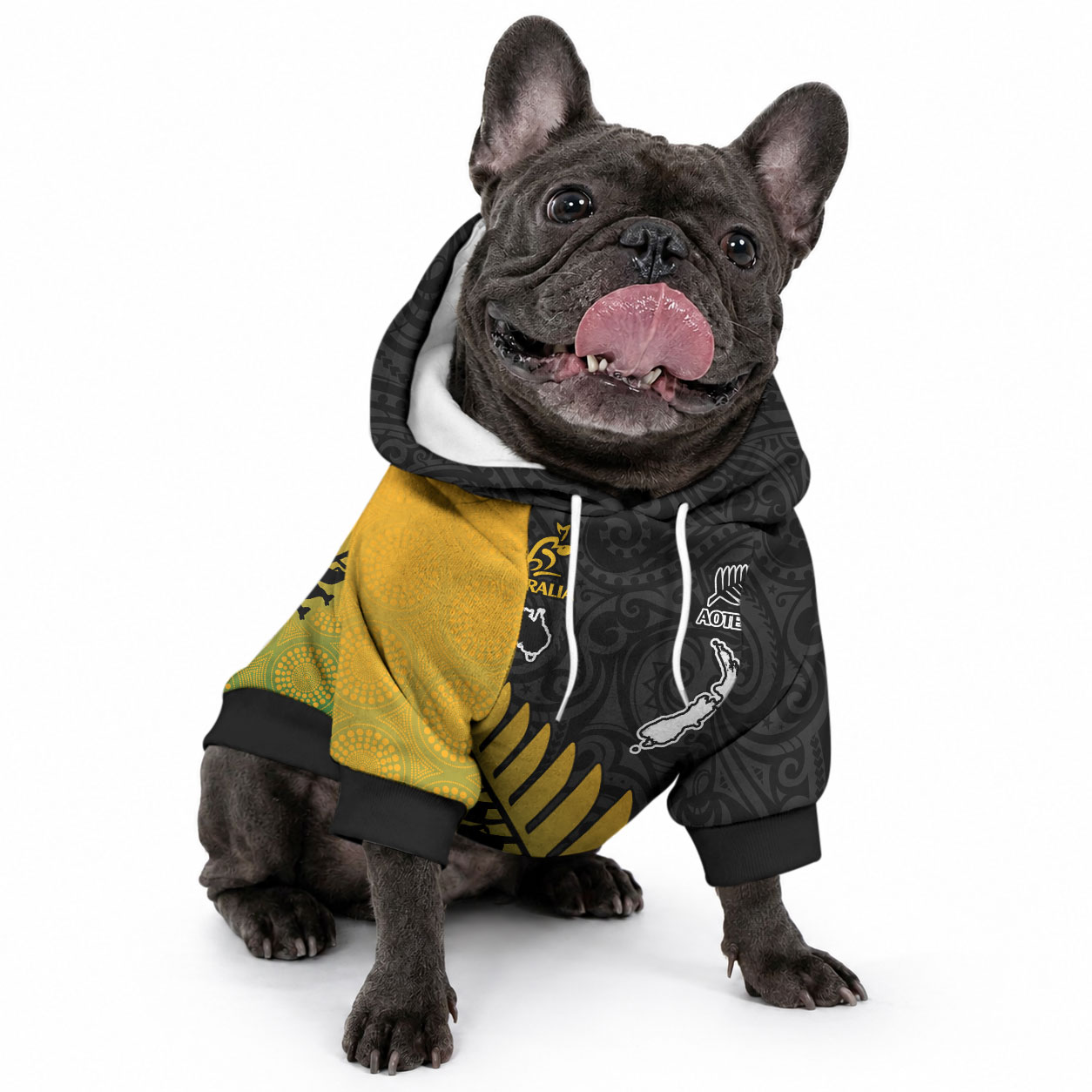 Australia Wallabies and Aotearoa Rugby Pet Hoodie Kangaroo Black Fern Maori Gradient Vibe