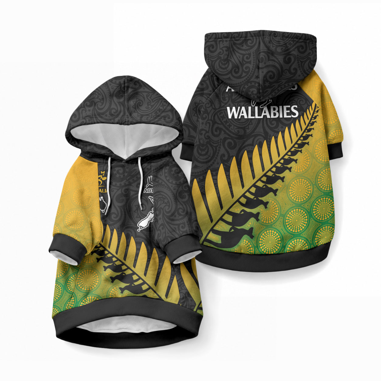 Australia Wallabies and Aotearoa Rugby Pet Hoodie Kangaroo Black Fern Maori Gradient Vibe