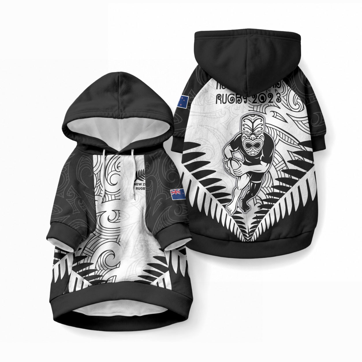 New Zealand Maori Rugby Pet Hoodie Proud Aoteroa Stylised Maori Koru