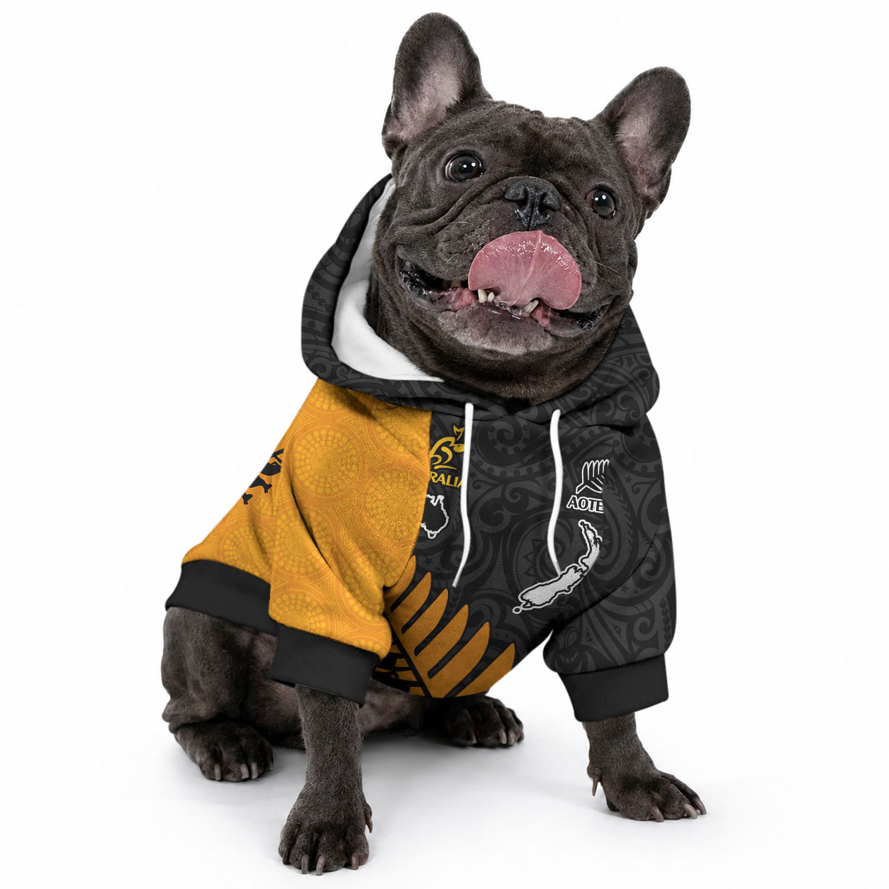 Custom Australia Wallabies and Aotearoa Rugby Pet Hoodie Kangaroo Black Fern Maori Gold Vibe
