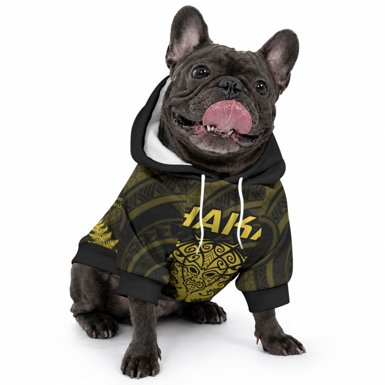 Personalised New Zealand Maori Rugby Pet Hoodie Aotearoa Ka Mate Haka All Black Mix Ta Moko Gold Style