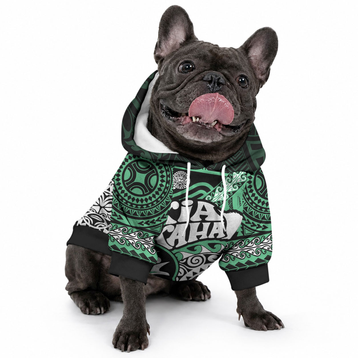 Personalised Te Reo Maori New Zealand Pet Hoodie Aotearoa Kia Haka Maori Tribal Tattoo Green Style