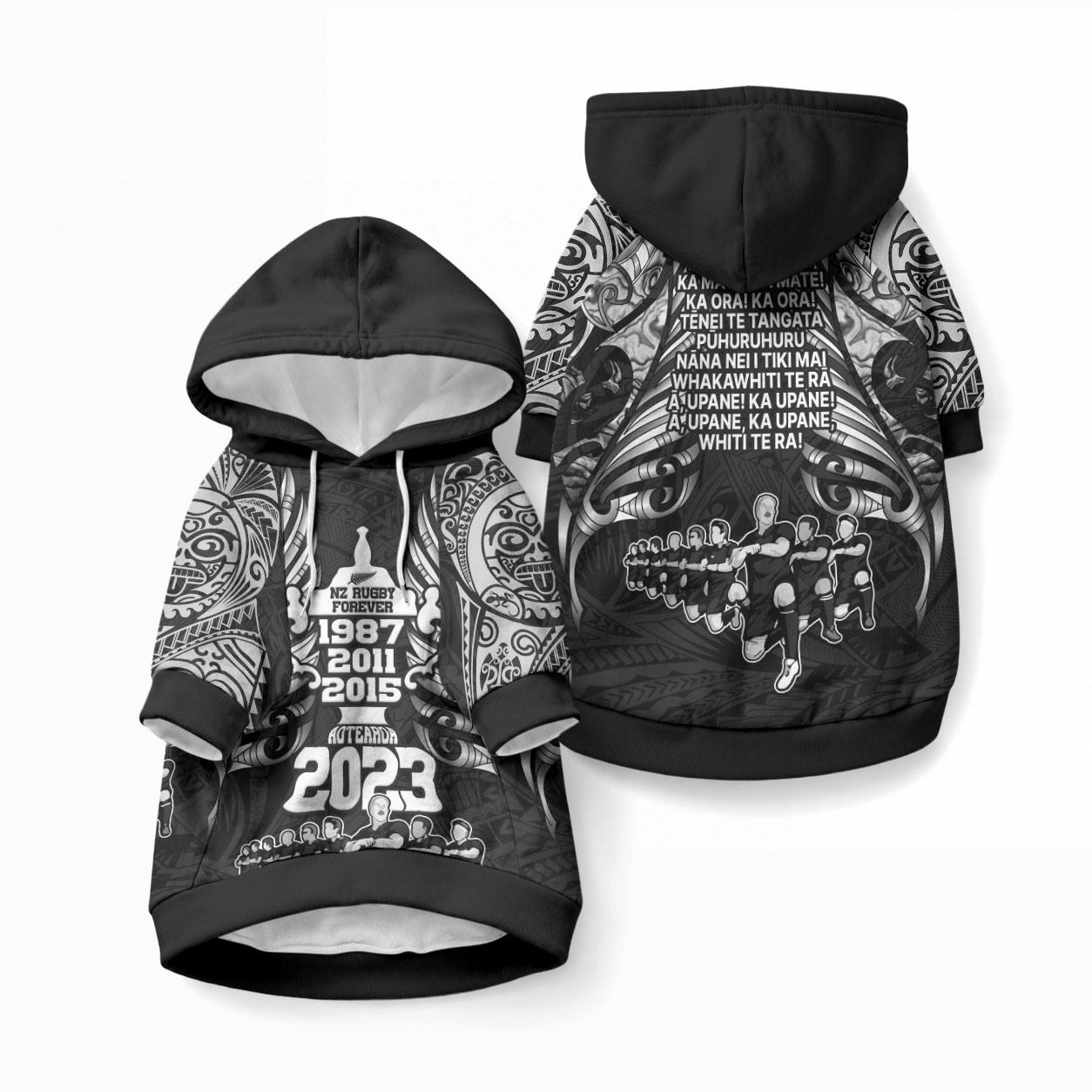 New Zealand Maori Rugby Pet Hoodie Black Haka Dance With NZ Champions History