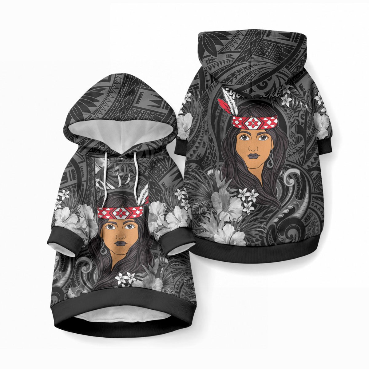 New Zealand Custom Women's Day Pet Hoodie Maori Girl Feathers of Hope - Black